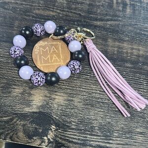 Mama Wooden Beaded Bracelet Keychain with Tassel & Thick Charm Purple Black